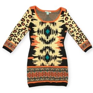 FLYING TOMATO Women's Leopard Aztec Sweater Bodycon Dress Scoop Neck Size SMALL